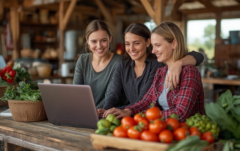 Old World Alliance farmstand friends using a laptop