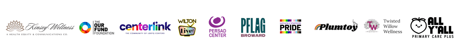 Logos of six organization that trust Proud Empowerment Business Solutions, including PFLAG Broward, Centrelink, Persad Center, Wilton Live, My Hollywood Pride, and The Our Fund Foundation.