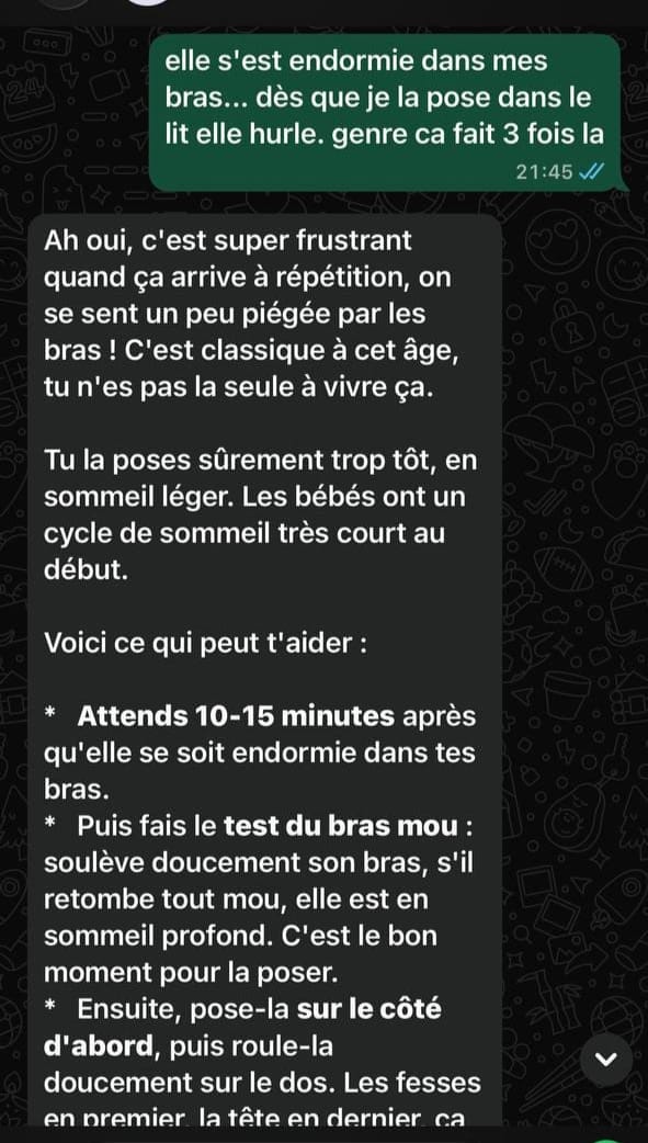 Conversation WhatsApp avec l'Assistante Nuit Douce