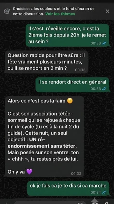 Conversation WhatsApp avec l'Assistante Nuit Douce