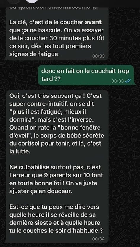 Conversation WhatsApp avec l'Assistante Nuit Douce