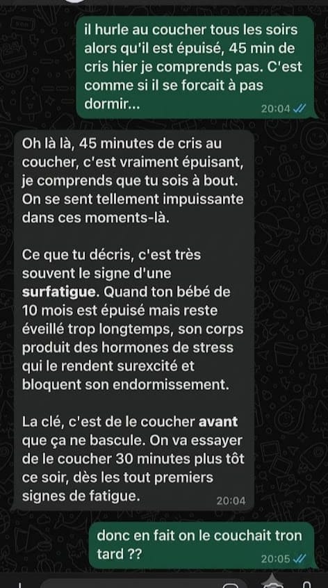 Conversation WhatsApp avec l'Assistante Nuit Douce