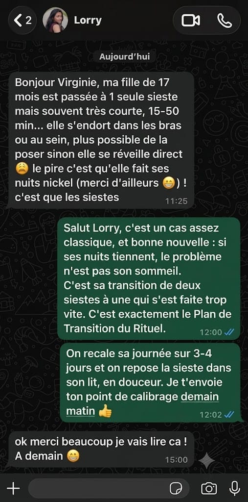 Conversation WhatsApp, transition de deux siestes à une