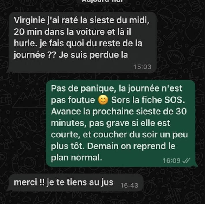Conversation WhatsApp, le jour où la sieste saute, fiche SOS