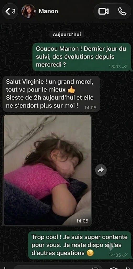 Conversation WhatsApp, dernier jour du Suivi Siestes avec photo