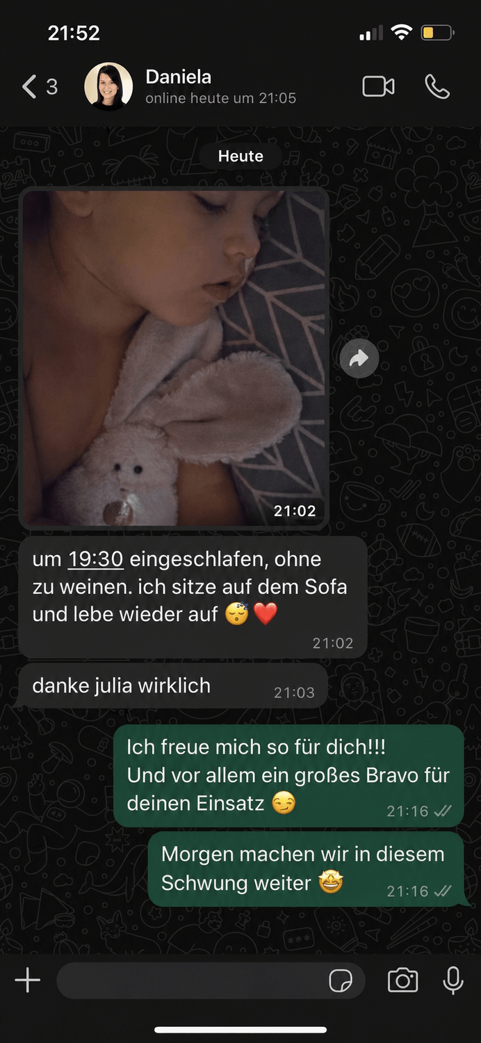 Um 19:30 eingeschlafen, ohne Weinen