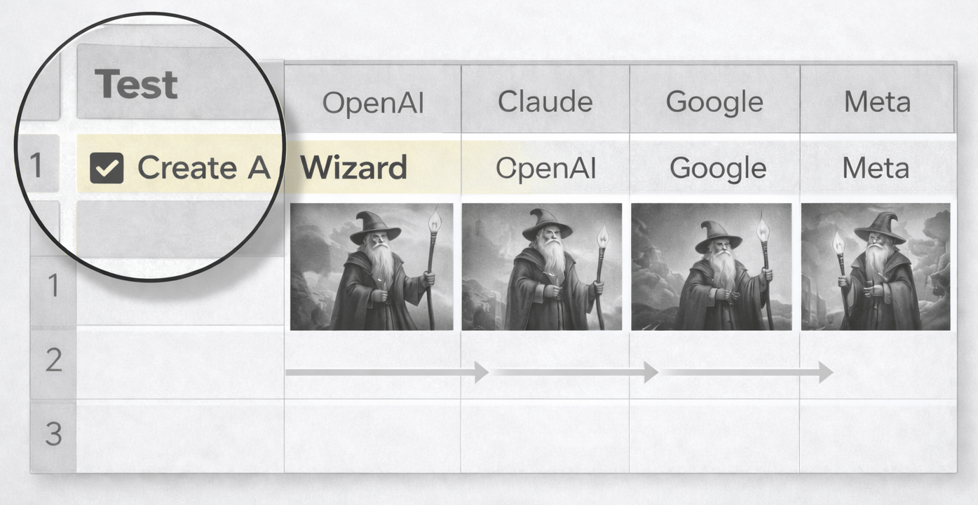 Example of rows as tests and columns as models and steps in SheetWiz