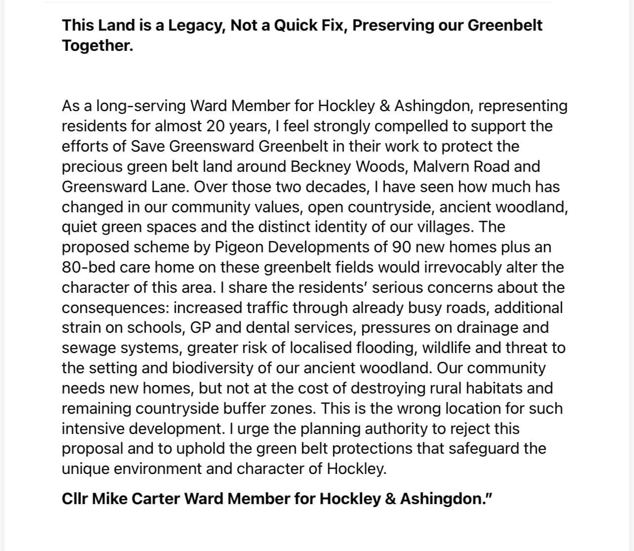 Statement from Cllr Mike Carter