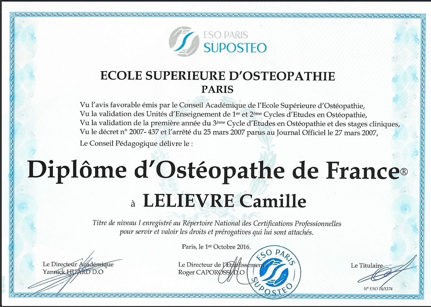 Diplôme d'Ostéopathe de France