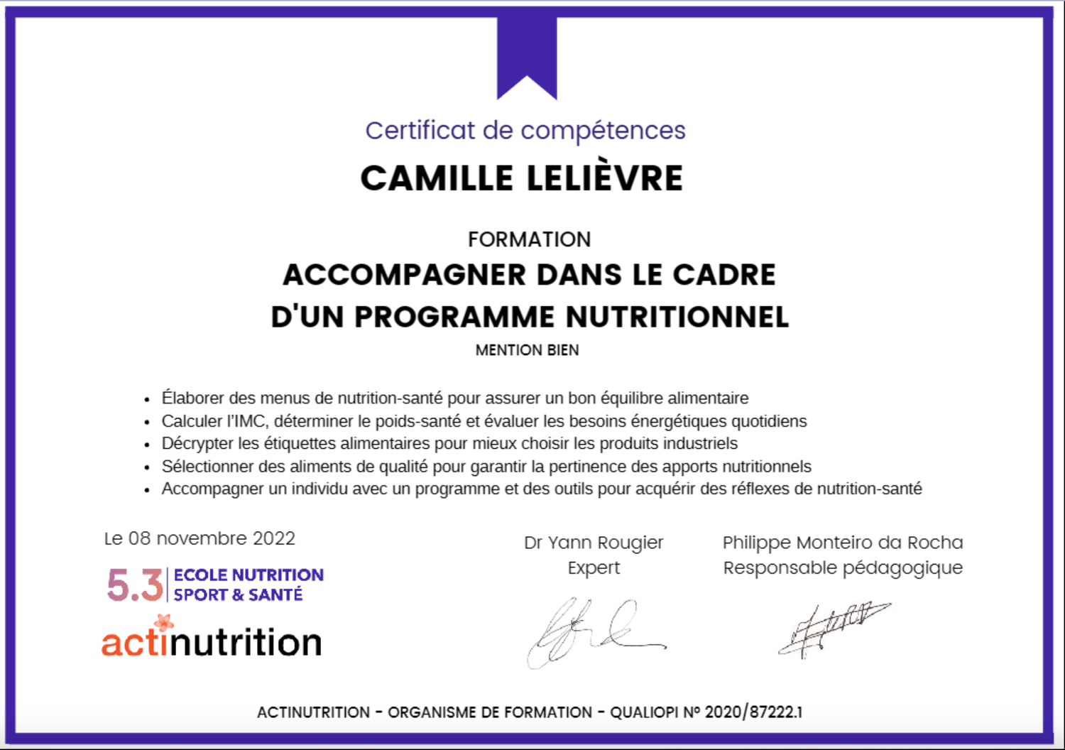 Attestation de micronutrition