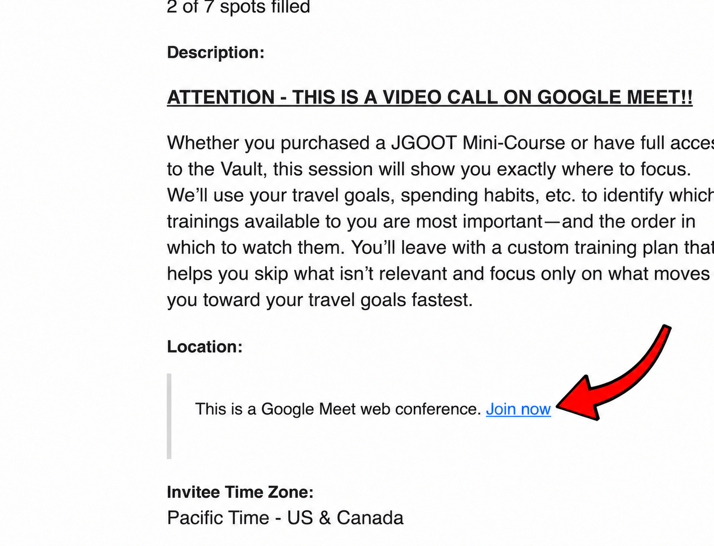 Calendly confirmation email with a red arrow pointing to the blue Join now Google Meet link