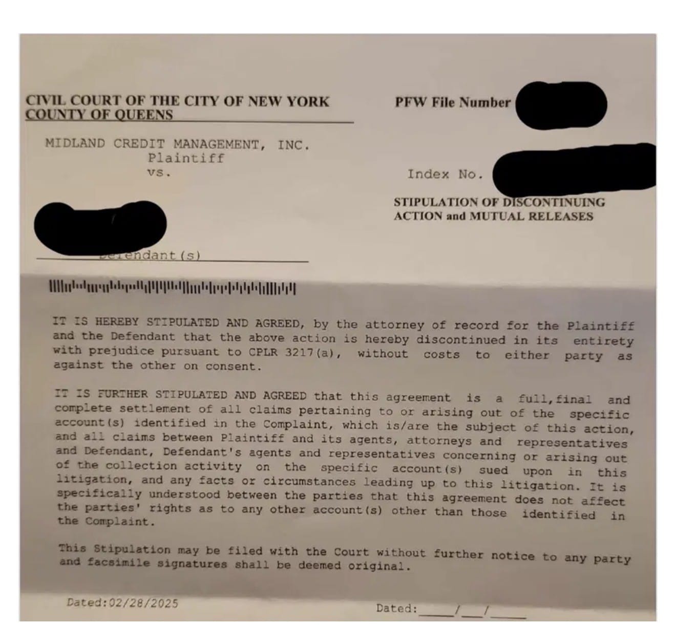 Stipulation of discontinuing action and mutual releases, Civil Court of the City of New York