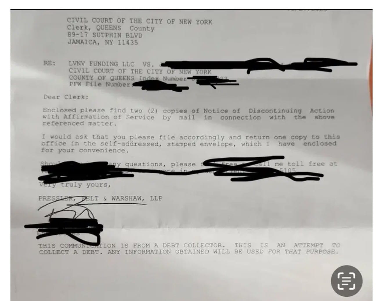 Court filing showing discontinuance of a debt collection action