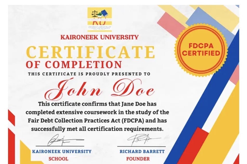 Sample Kaironeek University FDCPA Certificate of Completion