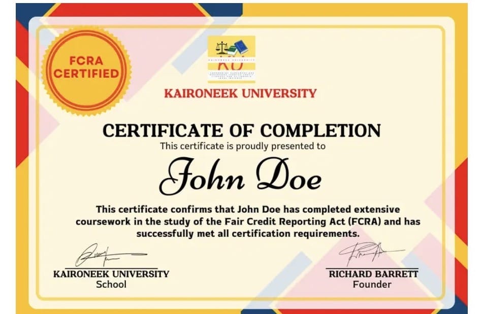 Sample Kaironeek University FCRA Certificate of Completion