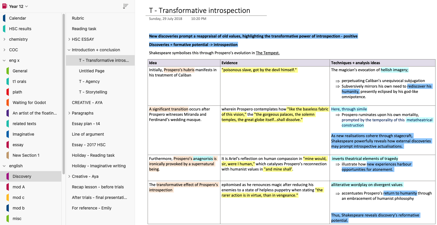 OneNote tab showing a table that scaffolds a paragraph for a HSC English essay.