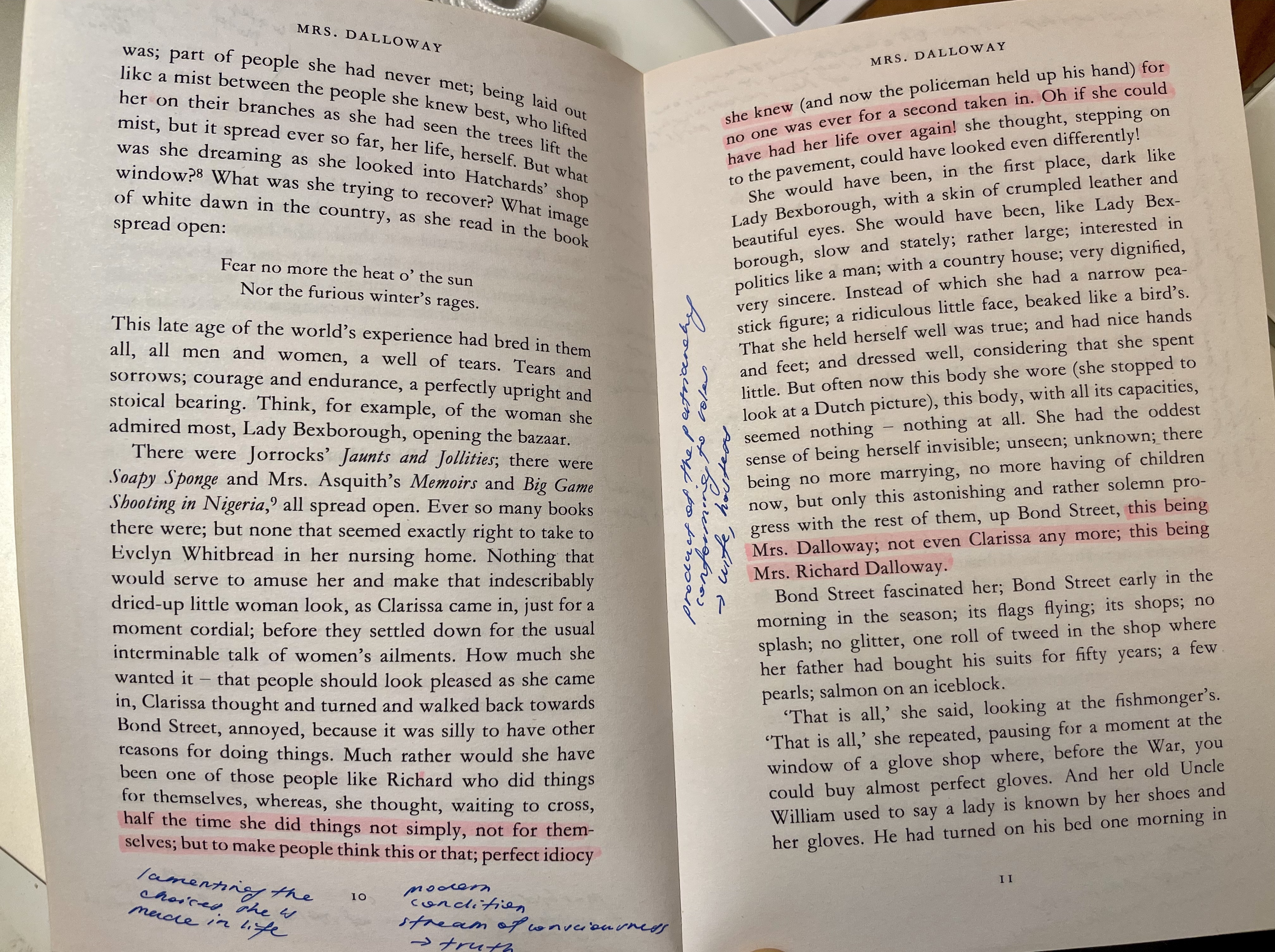 A page of the HSC text Mrs Dalloway for Module A showing highlighted quotes and annotations