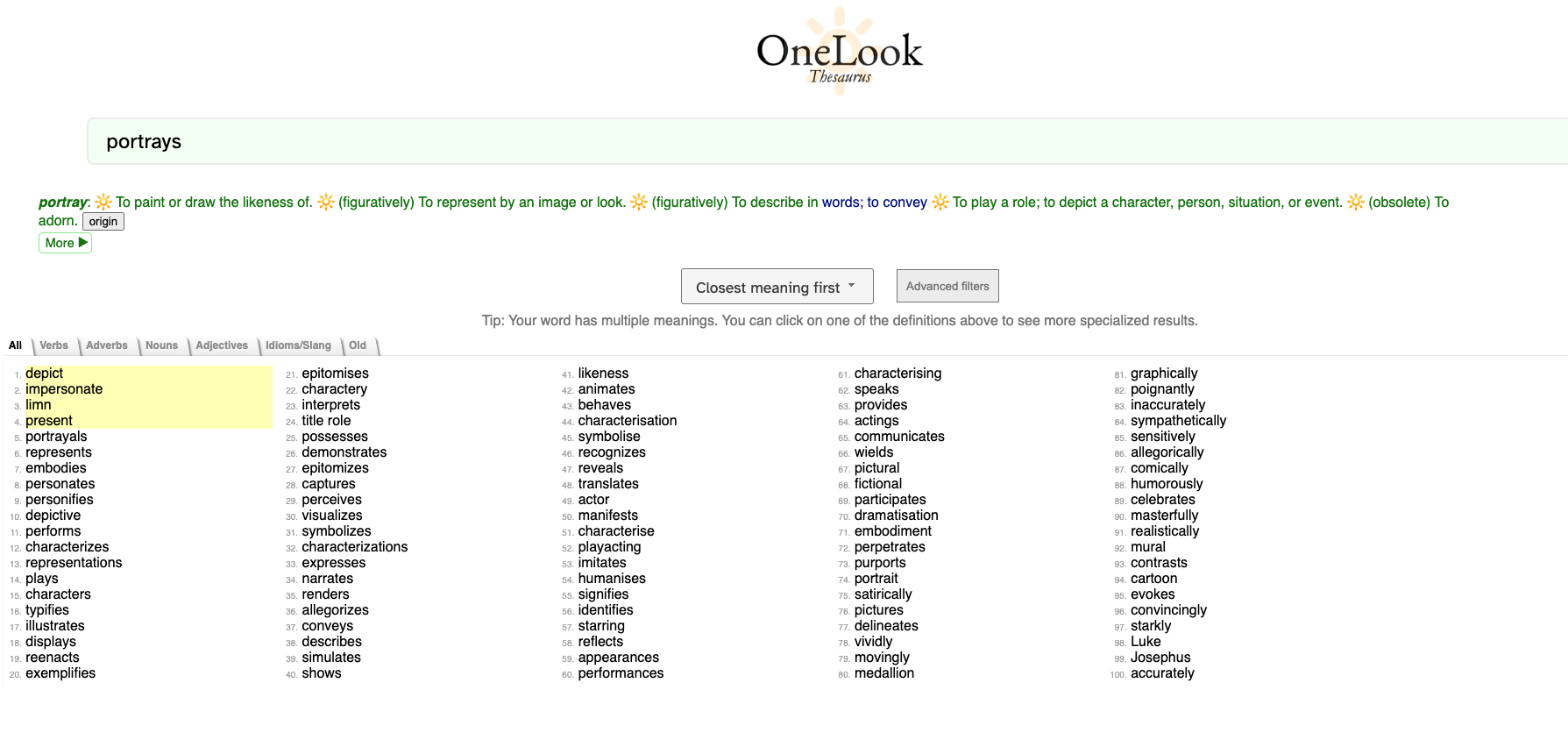 OneLook Thesaurus screeenshot demonstrating how it provides many synonyms to help with crafting the best expression when essay writing