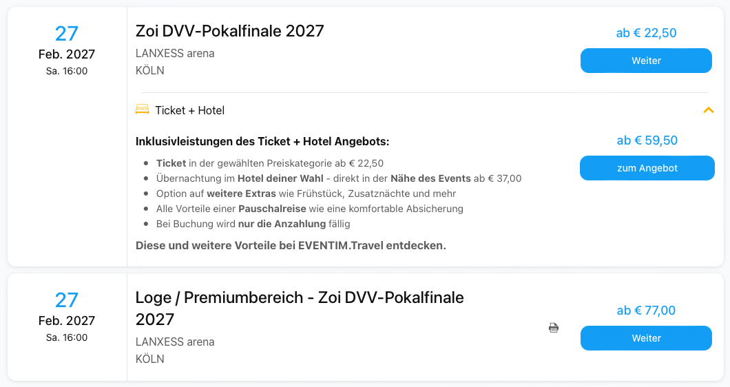 Screenshot von den Preiskategorien der eventim Tickets zum Zoi DVV-Pokalfinale 2027.