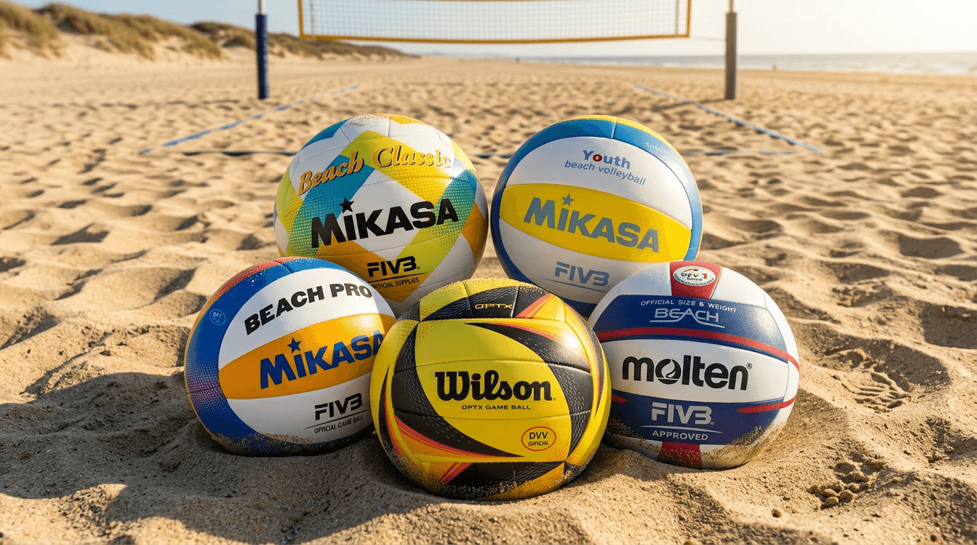 5 Beachvolleybälle von Mikasa, molten und Wilson liegen im Sand vor einem Beachvolleyball-Feld.