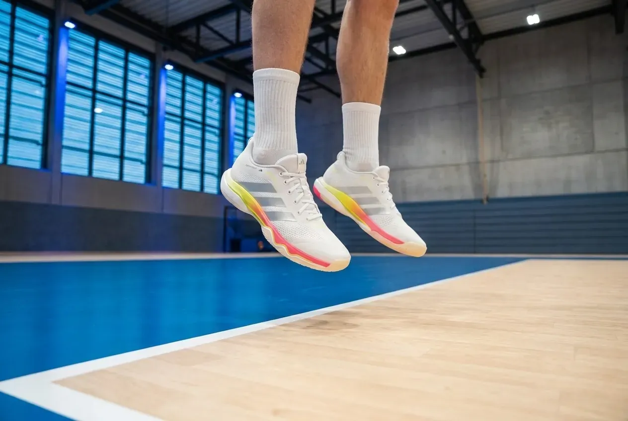 Adidas Crazyflight 7 Volleyballschuh im Absprung, Unterkörper eines Spielers mit weißen Sportsocken