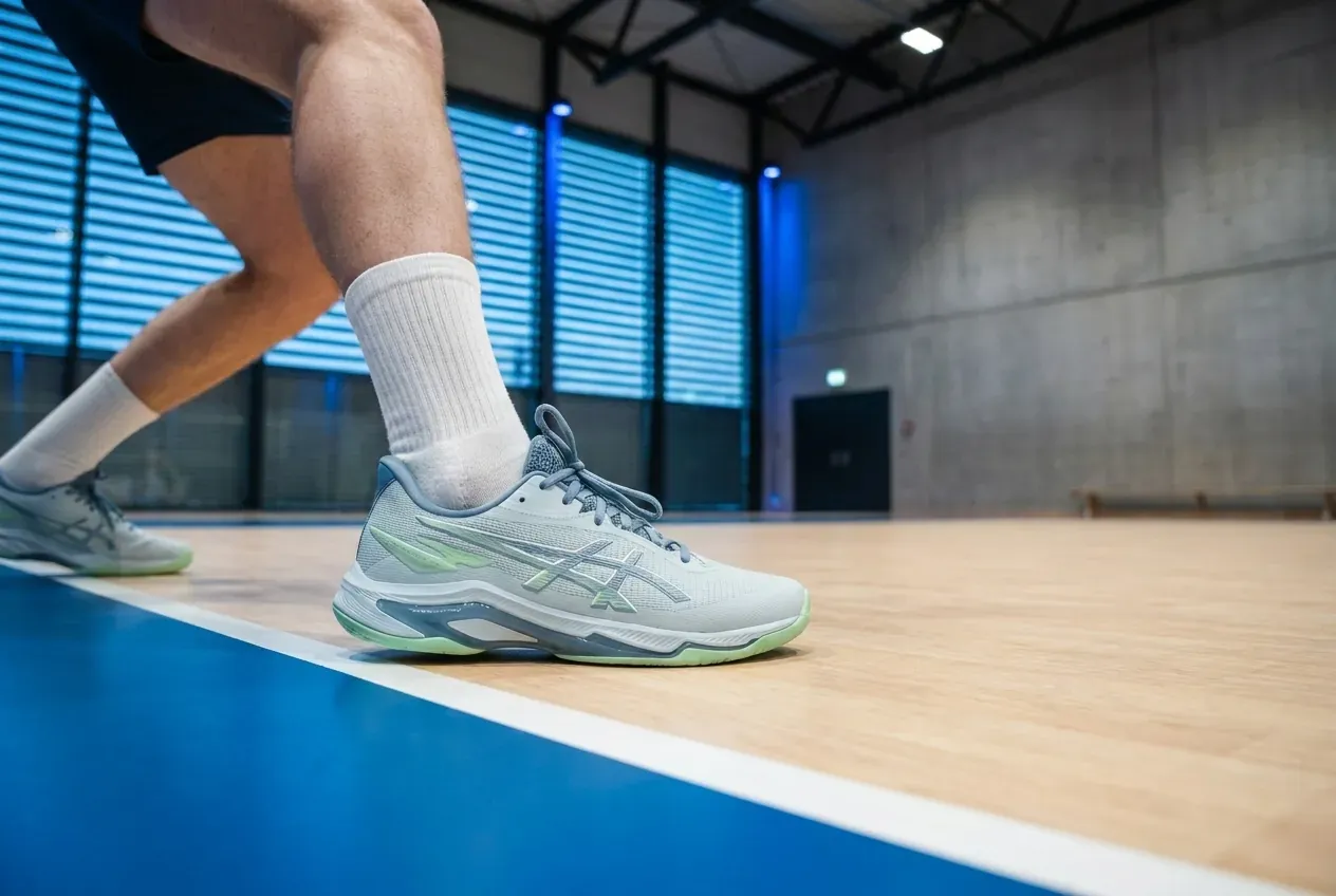Unterkörper eines Volleyballspielers im tiefen Ausfallschritt auf einem Hallenboden, weiße Sportsocken