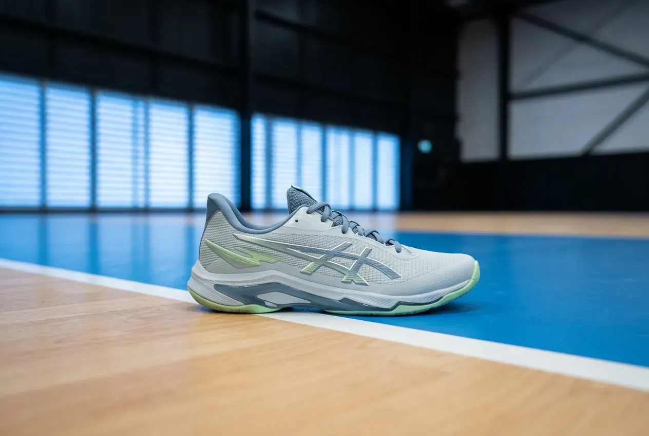 Asics Netburner Ballistic FF 4 Volleyballschuh im Seitenprofil auf dem Hallenboden