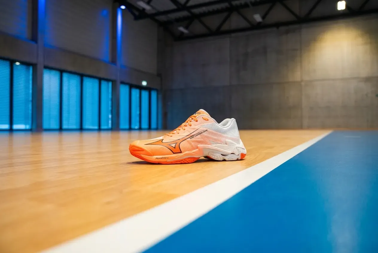 Mizuno Wave Lightning Elite Volleyballschuh auf dem Hallenboden an der Grundlinie