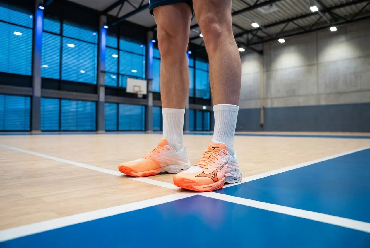 Mizuno Wave Lightning Elite Volleyballschuh am Fuß auf dem Hallenboden, weiße Sportsocken