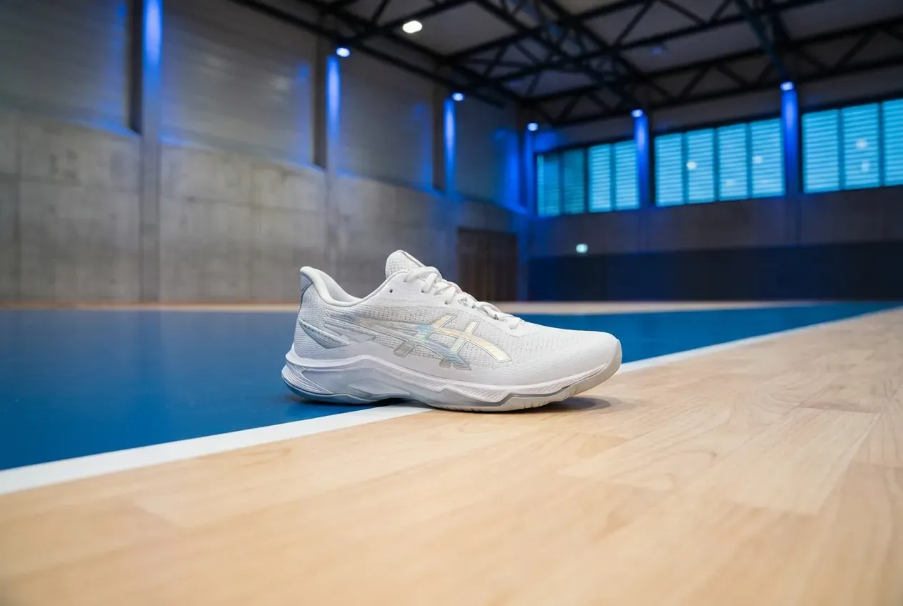 Asics Netburner Ballistic FF 4 auf dem Hallenboden, flache Bauweise im Vorfuß