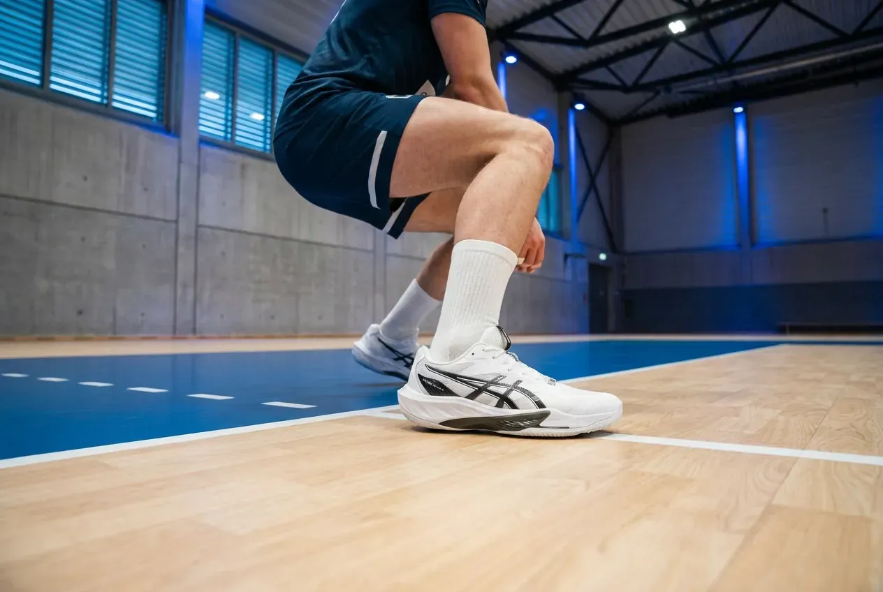 Volleyballschuh von Asics im tiefen Ausfallschritt in der Abwehr