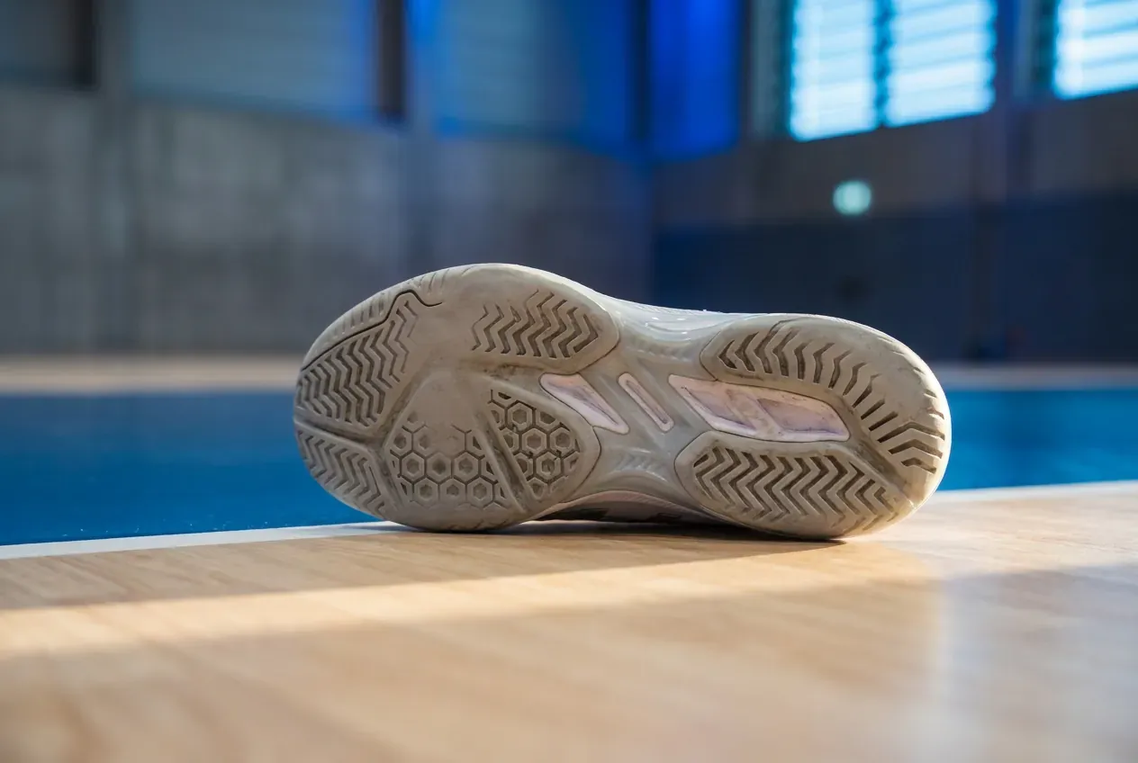 Außensohle eines Volleyballschuhs mit Abrieb im Vorfußbereich