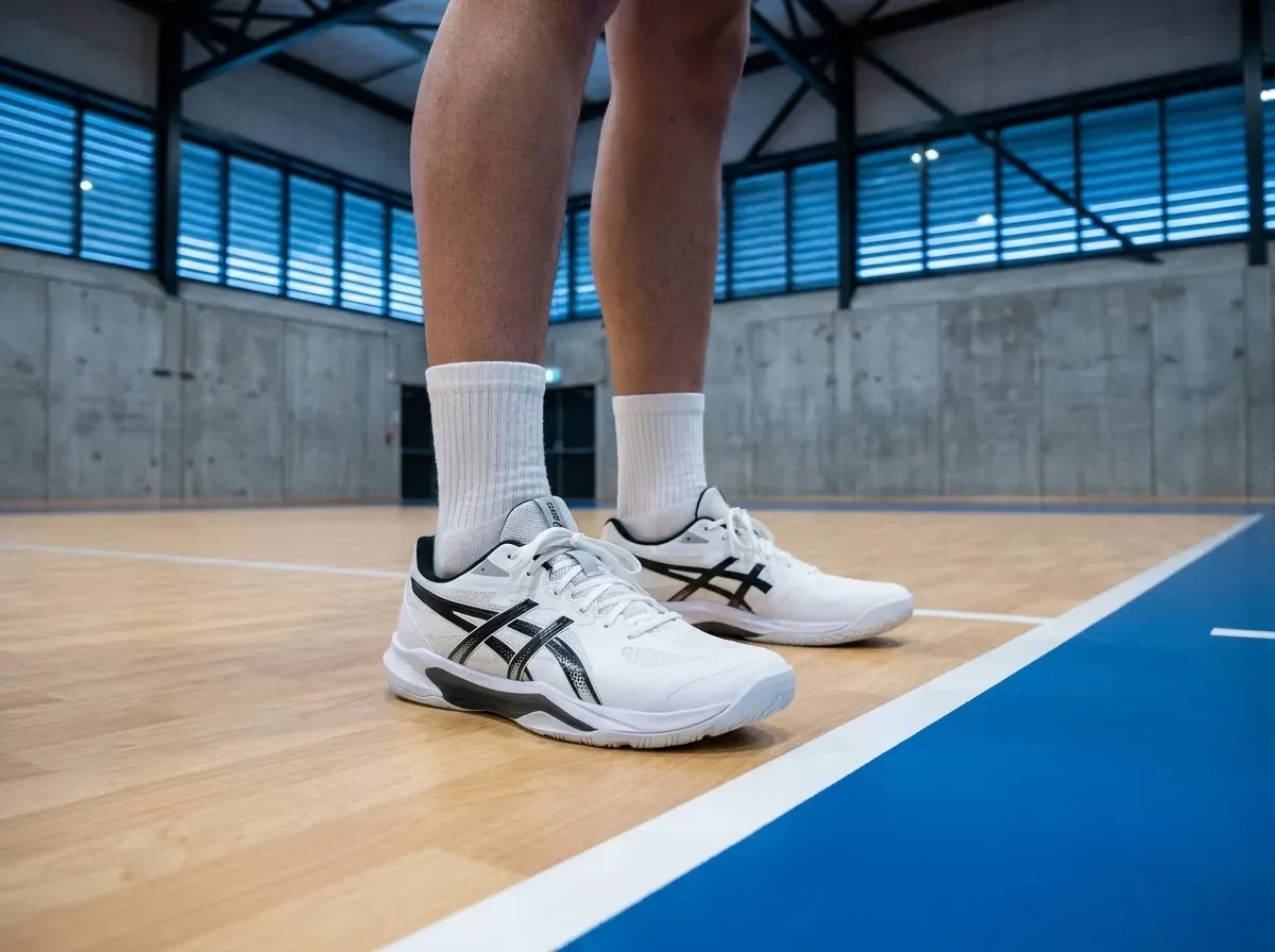 Volleyballschuh von Asics am Fuß im Stand auf dem Hallenboden