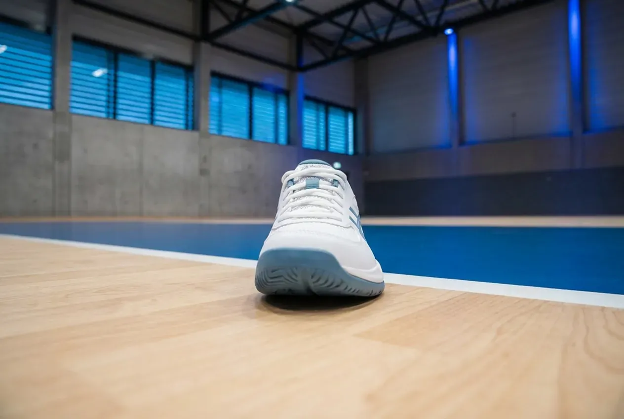 Asics Gel-Rocket 12 frontal auf dem Hallenboden, Zehenbox und Standbreite