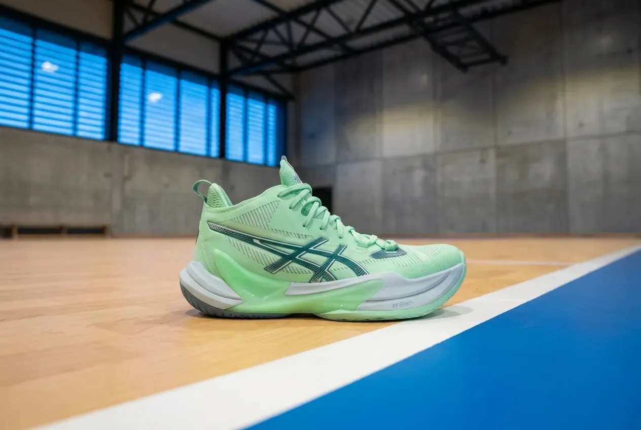 Asics Metarise 2 auf dem Hallenboden, hohe Mittelsohle und aufgebogene Zehenpartie