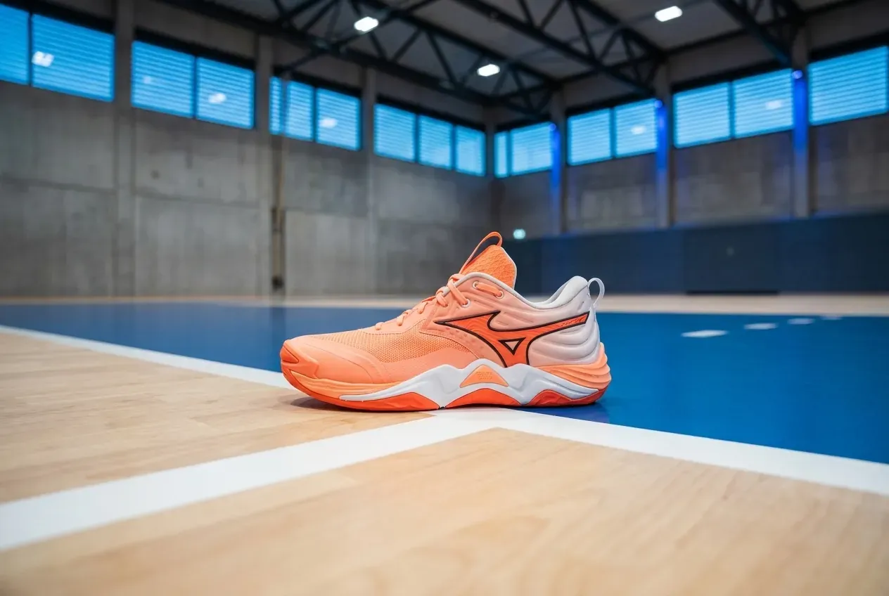 Mizuno Wave Momentum Elite im Profil auf dem Hallenboden