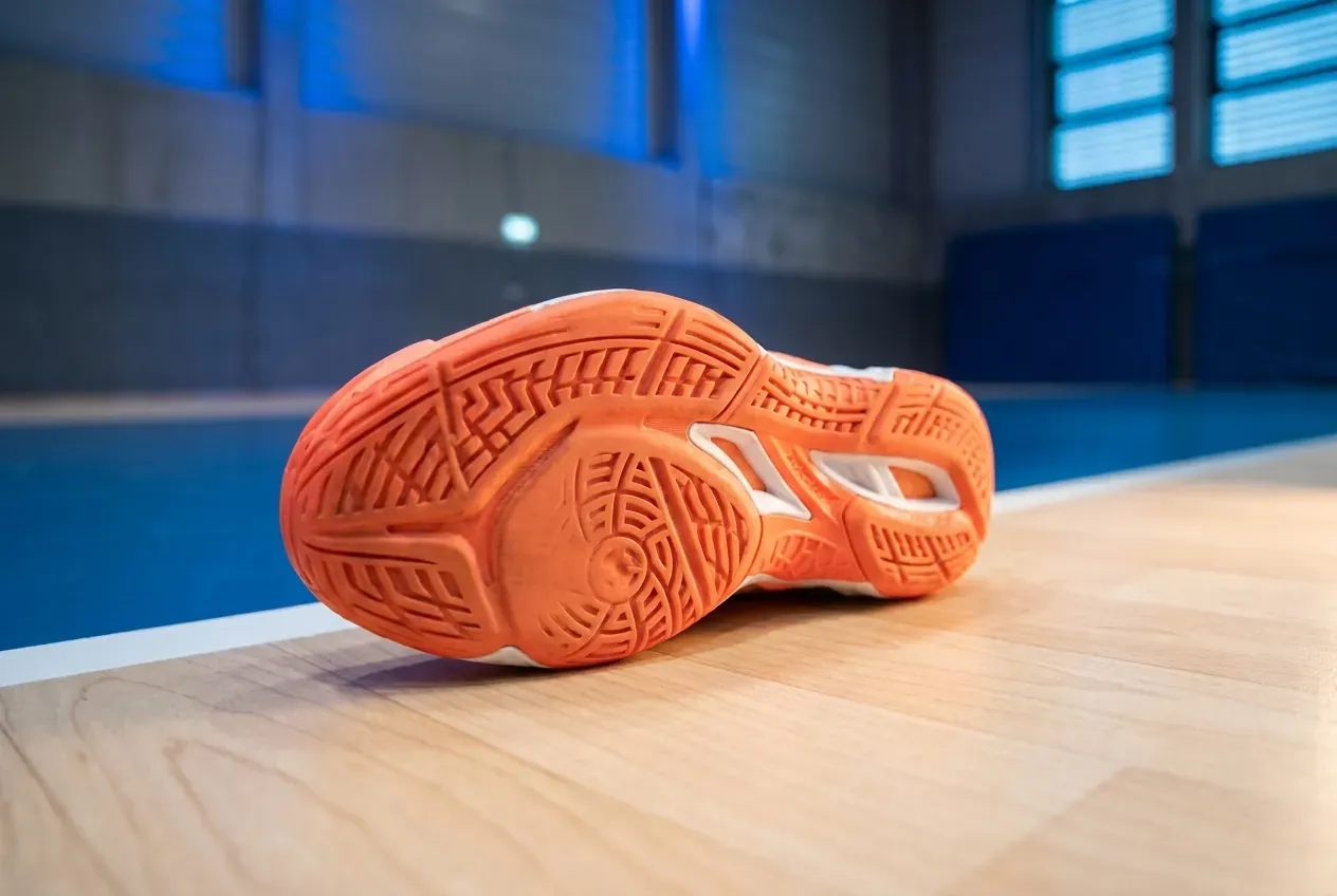Außensohle eines Volleyballschuhs mit Abrieb im Vorfußbereich