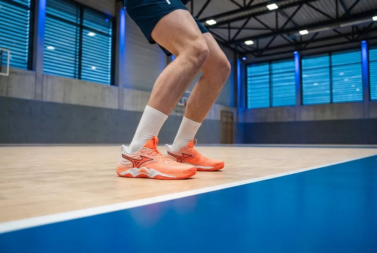 Volleyballschuh für Mittelblocker in der Bereitschaftsposition am Netz
