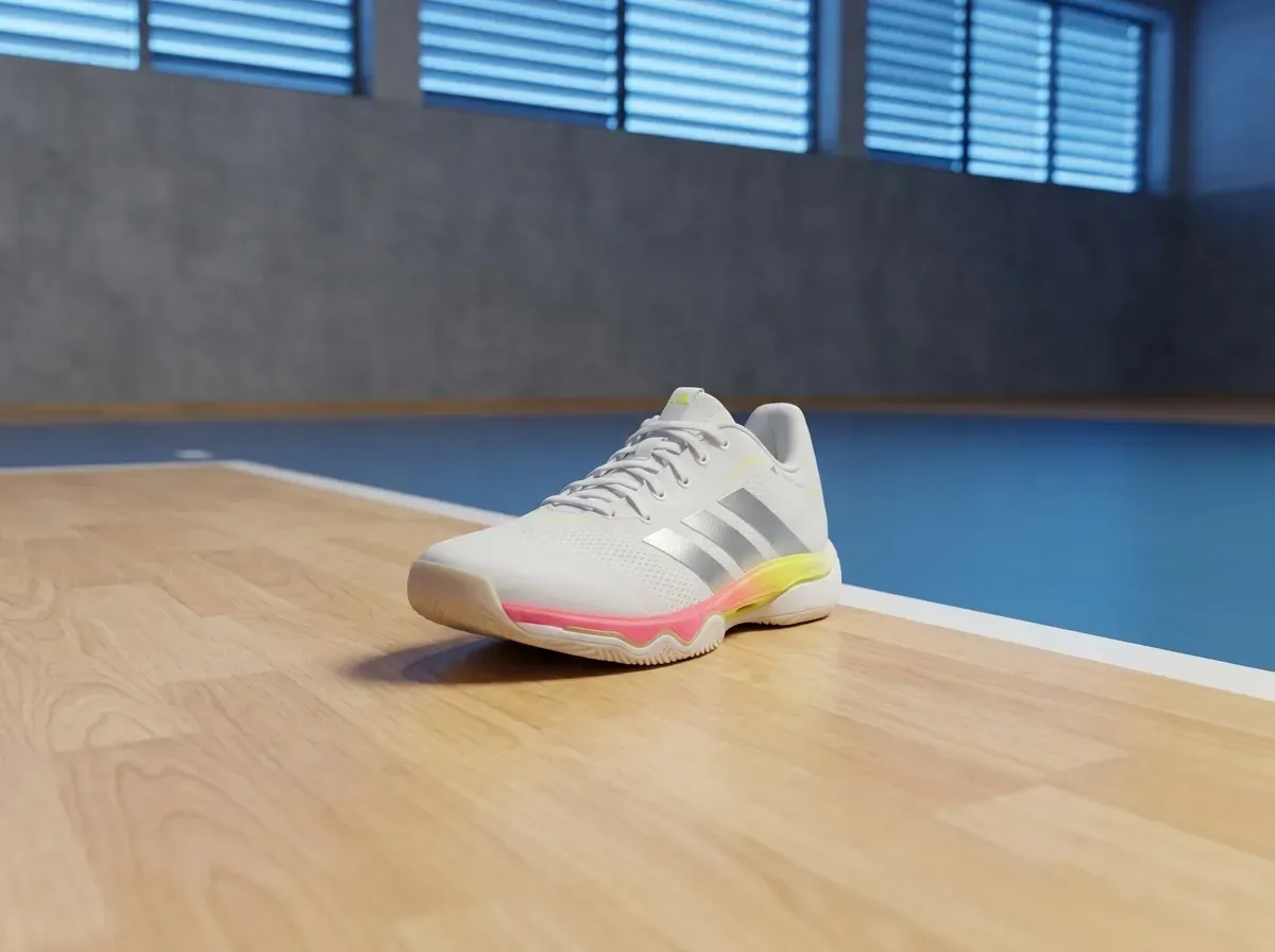Adidas Crazyflight 7 Volleyballschuh frontal aus flacher Perspektive auf dem Hallenboden