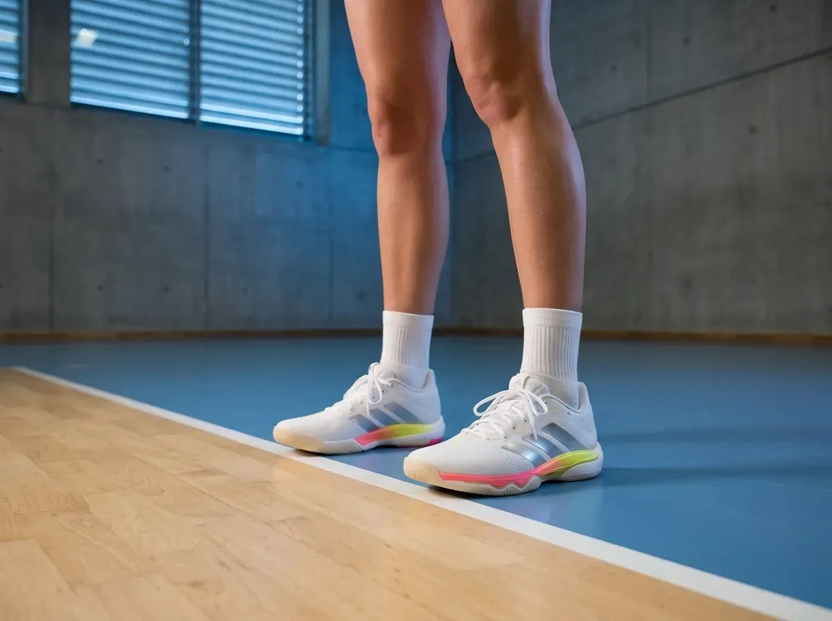 Volleyballschuhe für Zuspieler im Stand auf der Linie des Hallenbodens