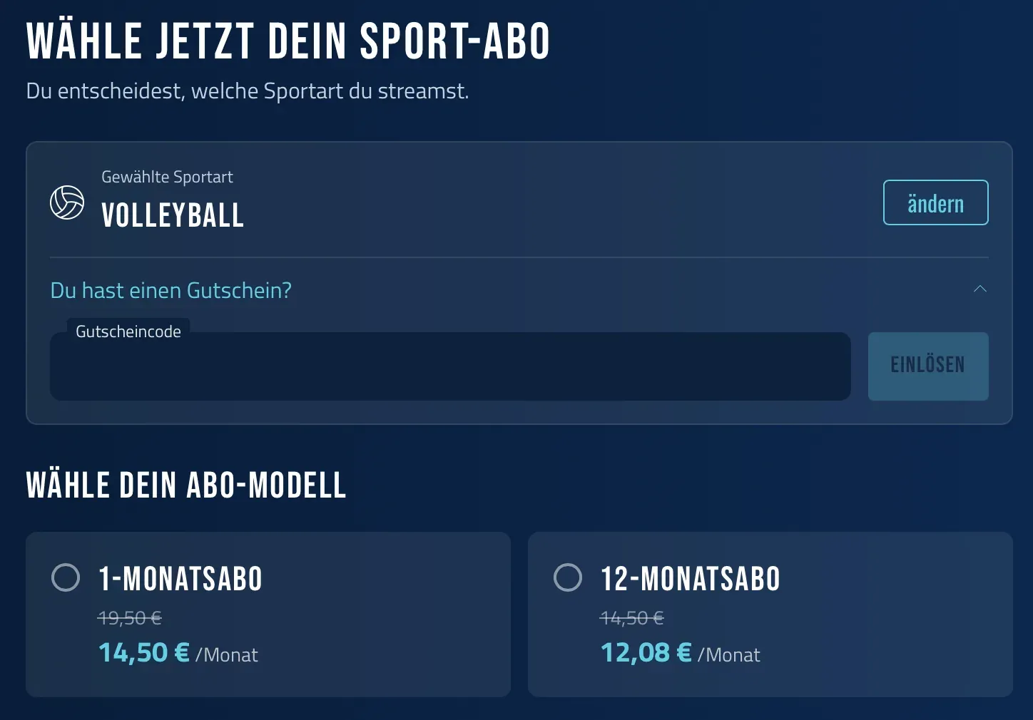Dyn Abo-Auswahl für Volleyball mit Monatsabo und Jahresabo, Stand September 2026
