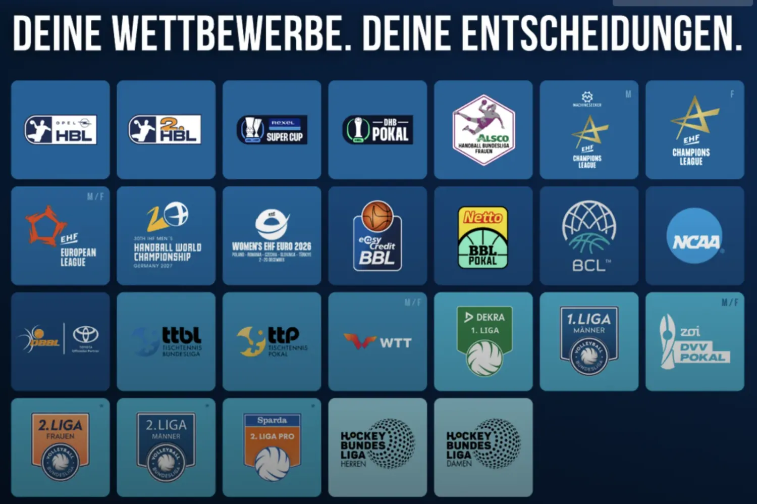Übersicht der Wettbewerbe bei Dyn mit Volleyball Bundesliga, DVV-Pokal und 2. Ligen