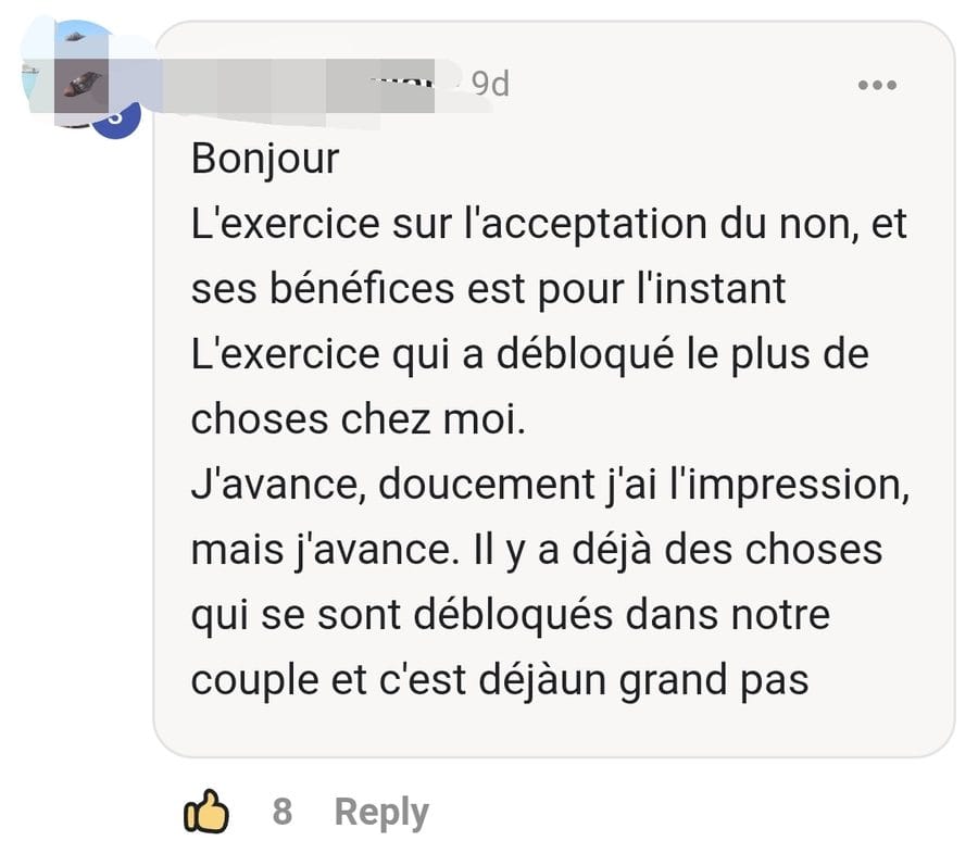 Message d'une grande flamme : l'exercice sur l'acceptation du non a débloqué le plus de choses chez lui