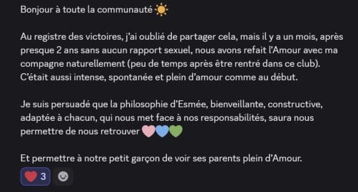 Message : après presque 2 ans sans rapport, nous avons refait l'amour naturellement, aussi intense et plein d'amour qu'au début
