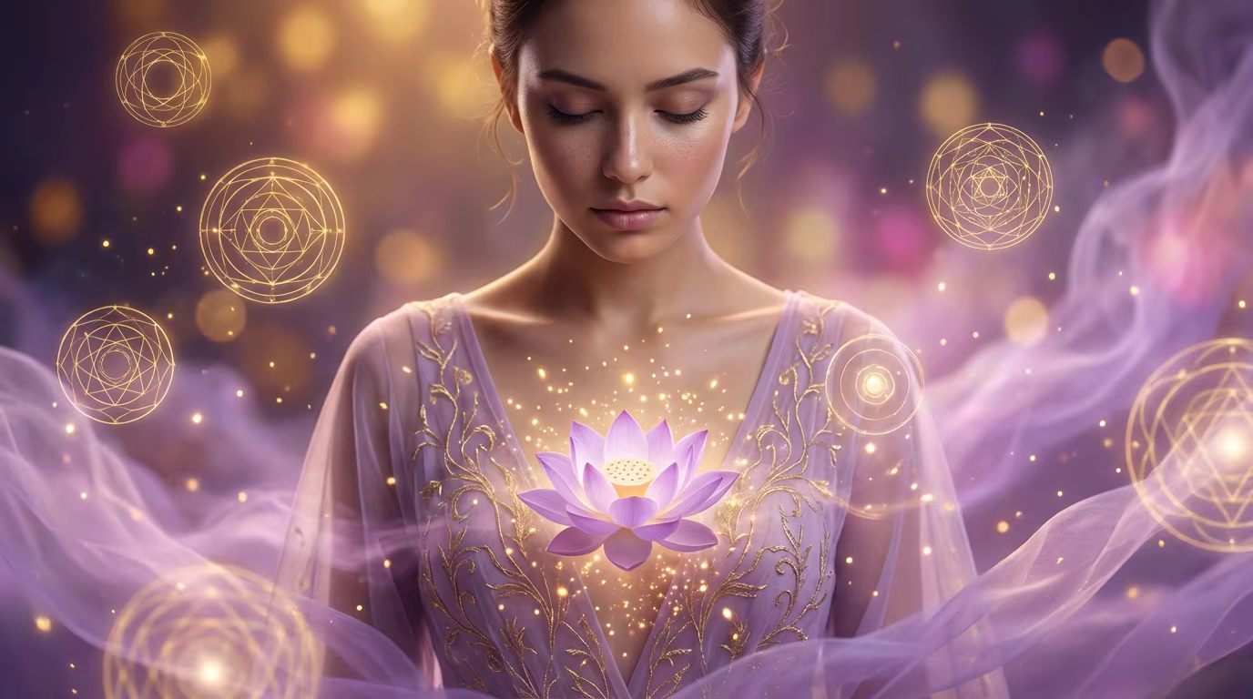 Femme sereine entourée de symboles lumineux, posture du numérologue-coach