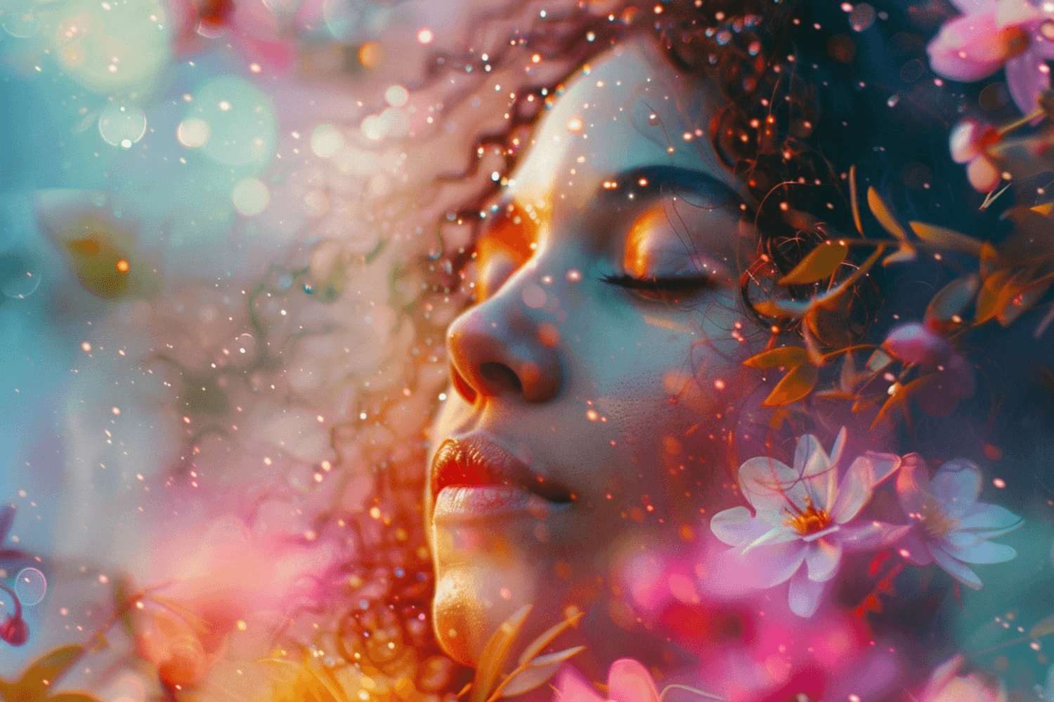Une femme à l'écoute de ses besoins qui ferme les yeux, des fleurs sont autour d'elle