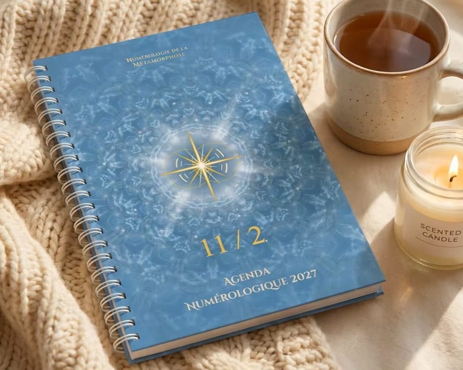 L'agenda numérologique 2027 posé sur une table avec un tasse de thé
