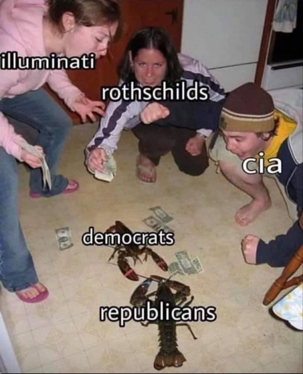 Meme showing Illuminati, Rothschilds and CIA throwing money at Democrats and Republicans labeled lobsters, symbolizing political control conspiracy theory
