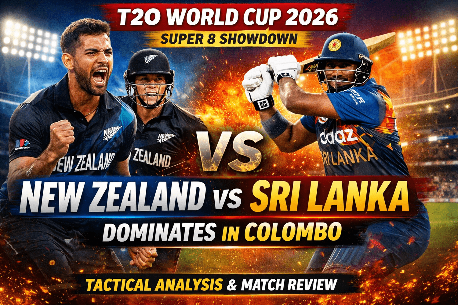 New Zealand dominate Sri Lanka in Super 8 thriller. Tactical brilliance, Ravindra impact, and semifinal race intensifies.