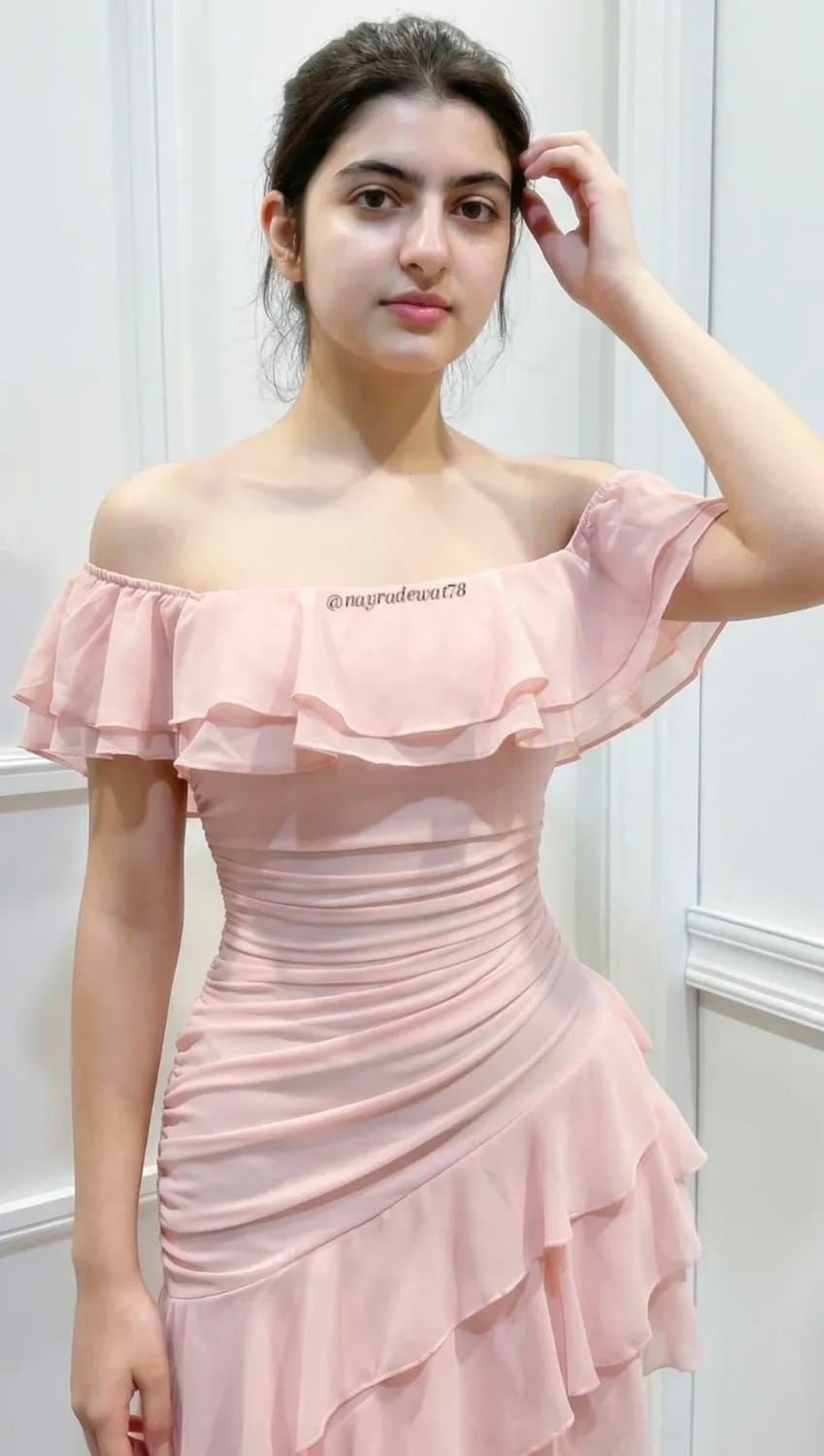 zero figure beautiful girl indian white complexion bare shoulders light pink dress looks punjabi dress modern